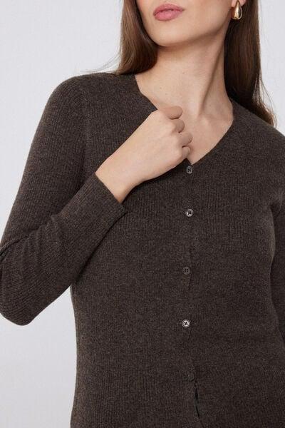 Brown Long Thick Ribbed V-Neck Wool Cardigan, 5701_914Y, large image number 3