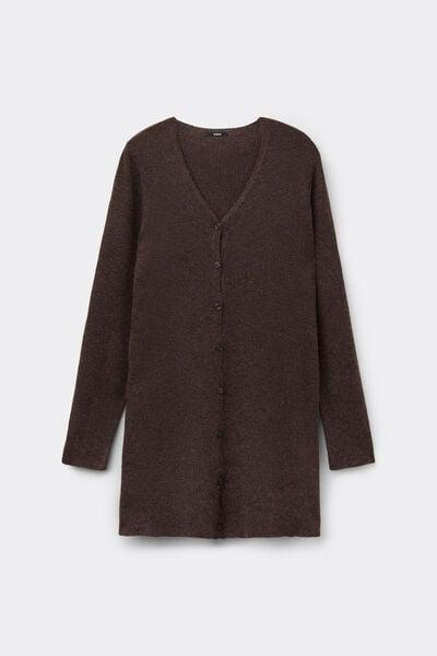 Brown Long Thick Ribbed V-Neck Wool Cardigan, 5701_914Y, large image number 4