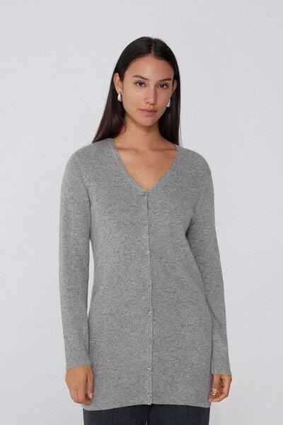 Grey Long Thick Ribbed V-Neck Wool Cardigan, 5701_929V, medium