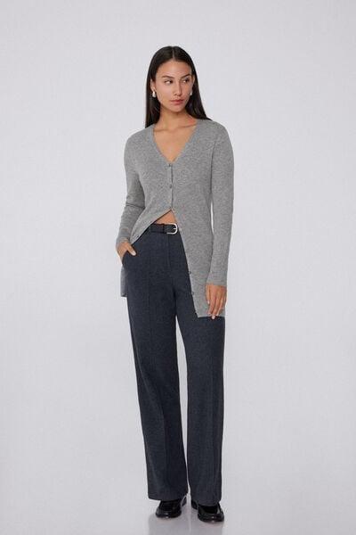 Grey Long Thick Ribbed V-Neck Wool Cardigan, 5701_929V, large image number 1