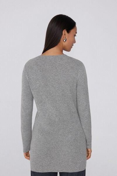 Grey Long Thick Ribbed V-Neck Wool Cardigan, 5701_929V, large image number 2