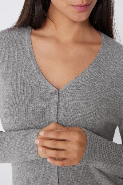 Grey Long Thick Ribbed V-Neck Wool Cardigan, 5701_929V, large image number 3