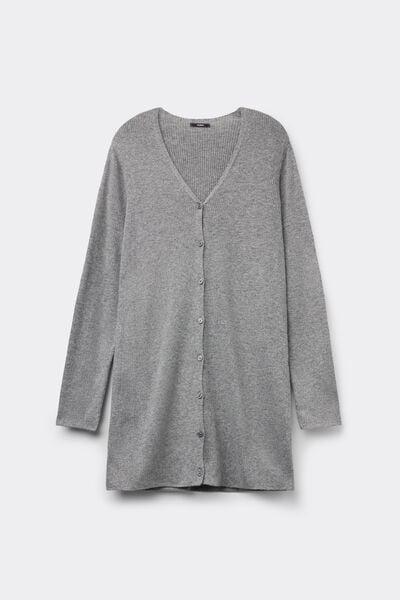 Grey Long Thick Ribbed V-Neck Wool Cardigan, 5701_929V, large image number 4