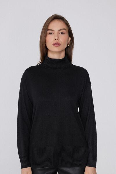 Black Long Sleeve Thick Polo Neck Wool Top, Black, large image number 0