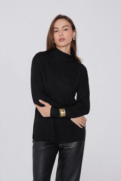 Black Long Sleeve Thick Polo Neck Wool Top, Black, large image number 1