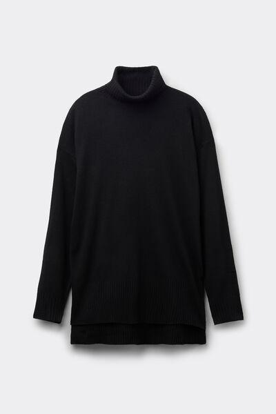 Black Long Sleeve Thick Polo Neck Wool Top, Black, large image number 4