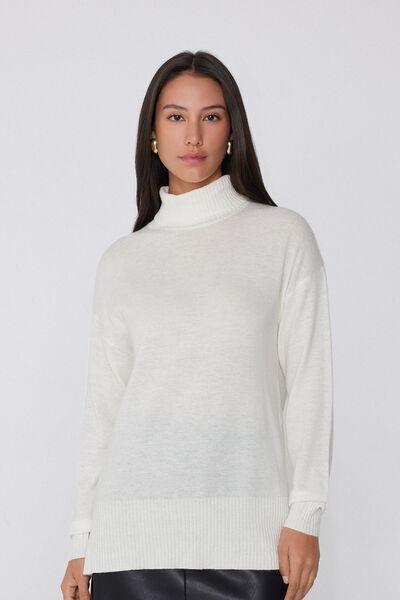 White Long Sleeve Thick Polo Neck Wool Top, Milk White, large image number 0