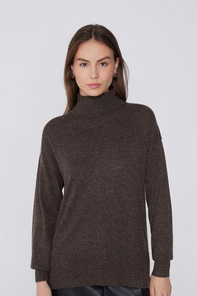 Brown Long Sleeve Thick Polo Neck Wool Top, 5701_914Y, large image number 0