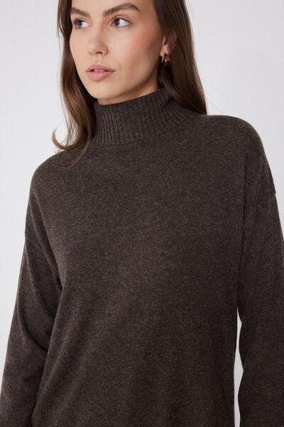 Brown Long Sleeve Thick Polo Neck Wool Top, 5701_914Y, large image number 3