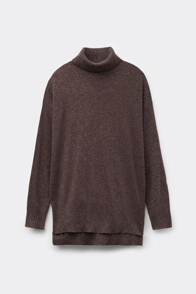 Brown Long Sleeve Thick Polo Neck Wool Top, 5701_914Y, large image number 4