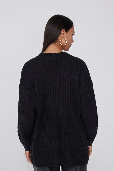 Black Long Sleeve Braided Sweater, Black, large image number 2