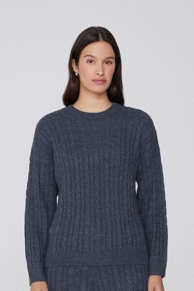 Navy Long Sleeve Braided Sweater, 5701_159Z, medium