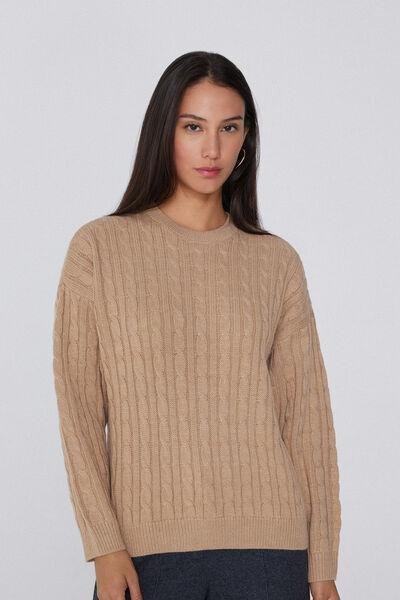 Brown Long Sleeve Braided Sweater, 5701_160Z, large image number 0