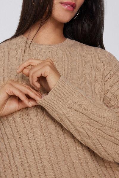 Brown Long Sleeve Braided Sweater, 5701_160Z, large image number 3