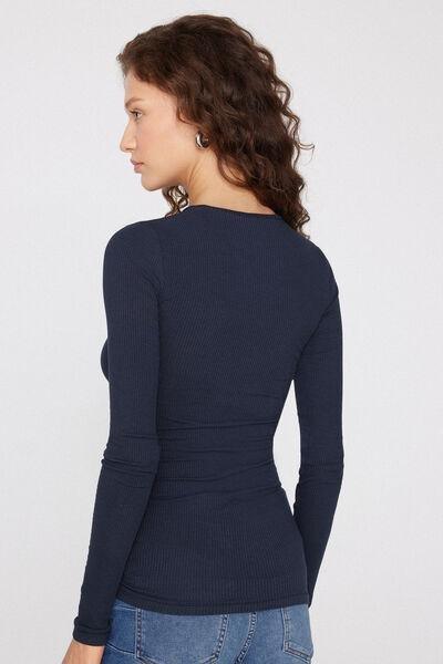 Navy Long Sleeve Round Neck Ribbed Top, Absolute Blue, medium