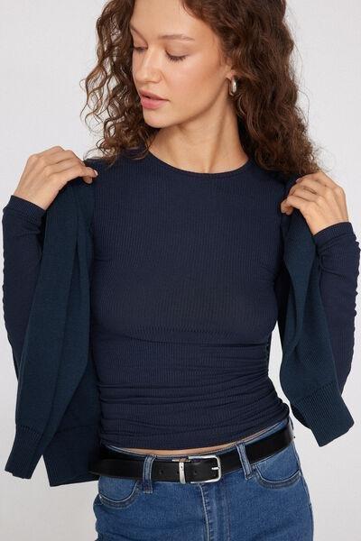 Navy Long Sleeve Round Neck Ribbed Top, Absolute Blue, large image number 3