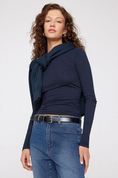 Navy Long Sleeve Round Neck Ribbed Top, Absolute Blue, large image number 5