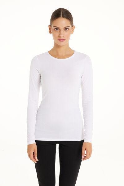 توب أبيض طويل الأكمام بياقة مستديرة مطاطية ، للنساء, White, large image number 3