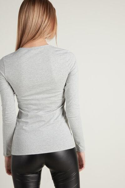 بلوزة من القطن المطاطي بأكمام طويلة وياقة مستديرة من مزيج رمادي �?اتح ، للنساء, , large image number 2