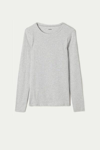 Light Grey Blend Long-Sleeve Crew-Neck Stretch-Cotton Top, Women, , large image number 4