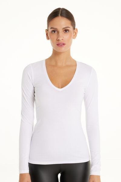 White Long-Sleeved V-Neck Top, , medium