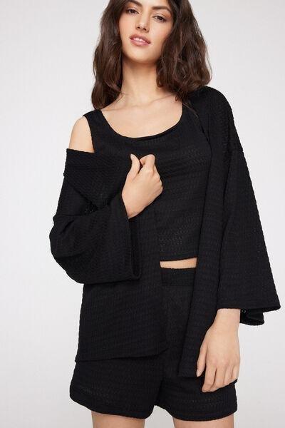 Black Openwork Kimono Cardigan, Black, large image number 0