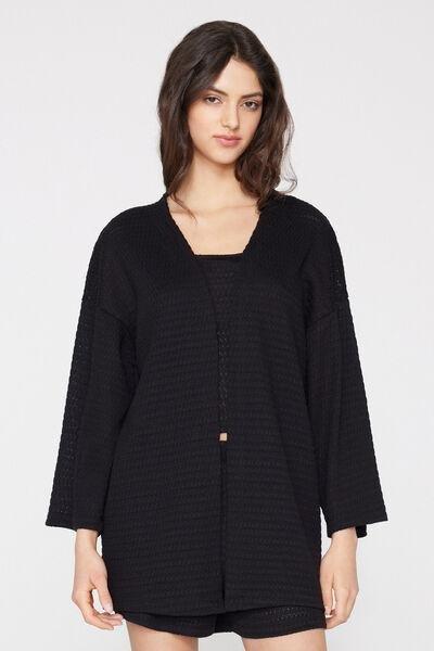 Black Openwork Kimono Cardigan, Black, large image number 1