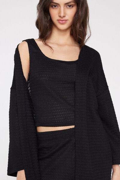 Black Openwork Kimono Cardigan, Black, large image number 3