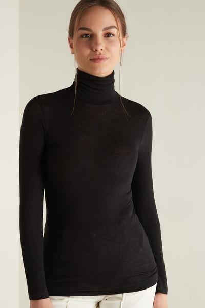 Black High-Neck Wool Shirt, , large image number 0
