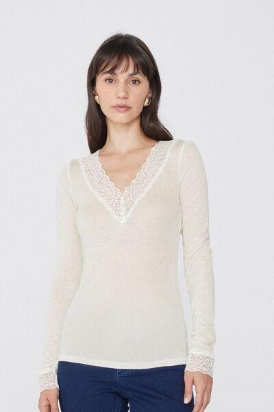 Cream Long-Sleeved Lace/Merino Wool Top With V-Neck, , medium