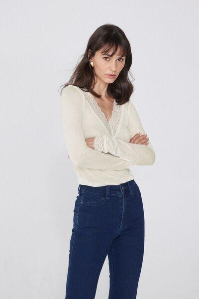 Cream Long-Sleeved Lace/Merino Wool Top With V-Neck, , large image number 1