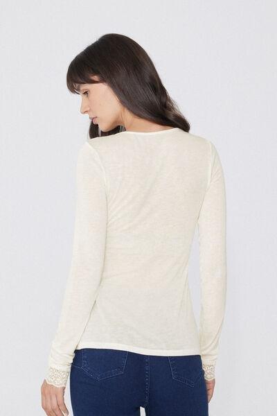 Cream Long-Sleeved Lace/Merino Wool Top With V-Neck, , large image number 2