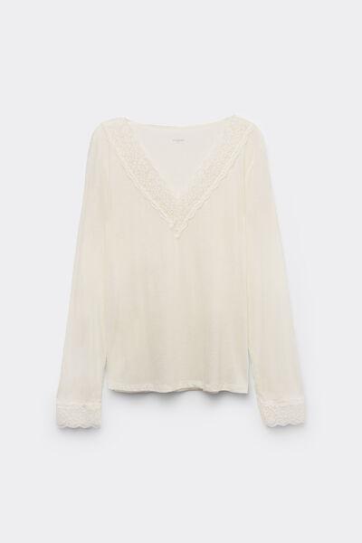 Cream Long-Sleeved Lace/Merino Wool Top With V-Neck, , large image number 4