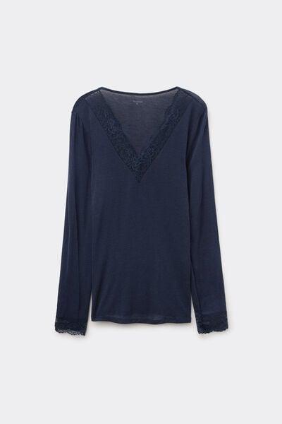 Navy Long-Sleeved Lace/Merino Wool Top, Absolute Blue, large image number 0