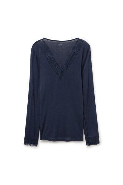 Navy Long-Sleeved Lace/Merino Wool Top, Absolute Blue, medium