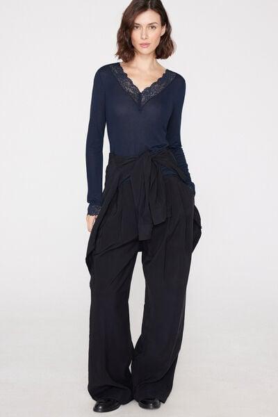 Navy Long-Sleeved Lace/Merino Wool Top, Absolute Blue, large image number 5