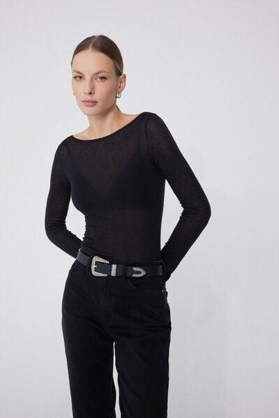 Black Viscose and Merino Wool Boat Neck Top, Black, large image number 7
