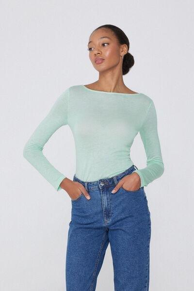 Green Viscose and Merino Wool Boat Neck Top, 5701_256W, large image number 0