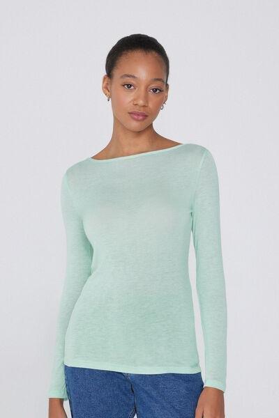 Green Viscose and Merino Wool Boat Neck Top, 5701_256W, large image number 1