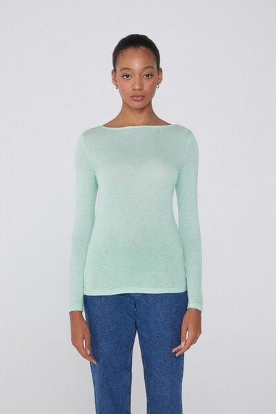 Green Viscose and Merino Wool Boat Neck Top, 5701_256W, large image number 3