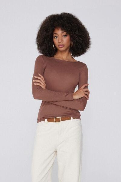 Caramel Viscose and Merino Wool Boat Neck Top, 5701_304Y, large image number 5