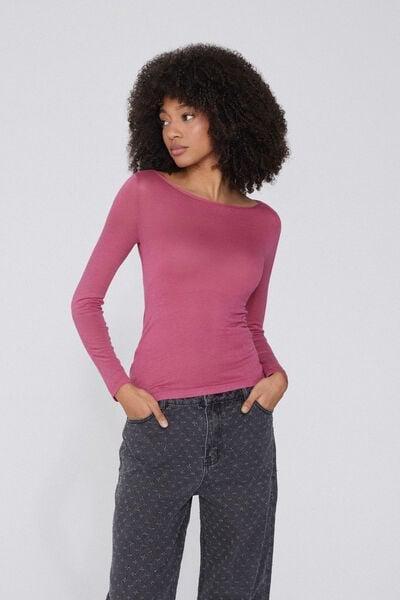Pink Viscose and Merino Wool Boat Neck Top, 5701_322Y, medium