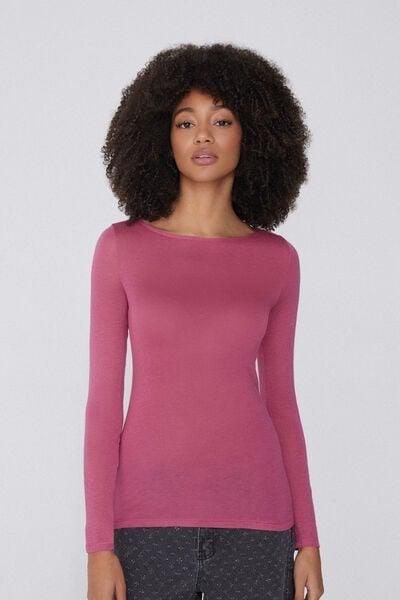 Pink Viscose and Merino Wool Boat Neck Top, 5701_322Y, medium