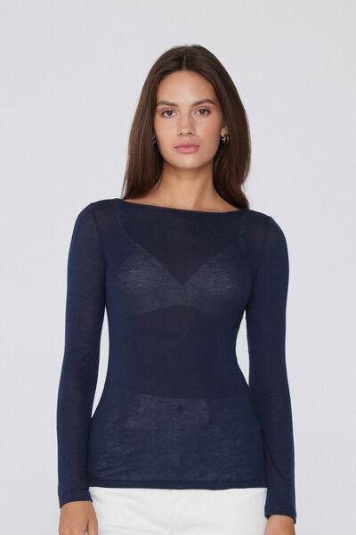 Navy Viscose and Merino Wool Boat Neck Top, Absolute Blue, large image number 0