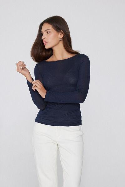 Navy Viscose and Merino Wool Boat Neck Top, Absolute Blue, large image number 1