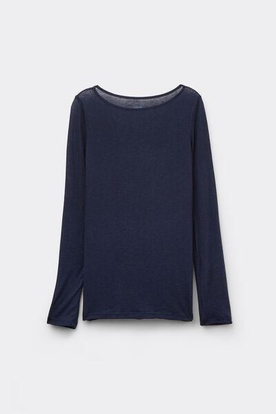 Navy Viscose and Merino Wool Boat Neck Top, Absolute Blue, large image number 4