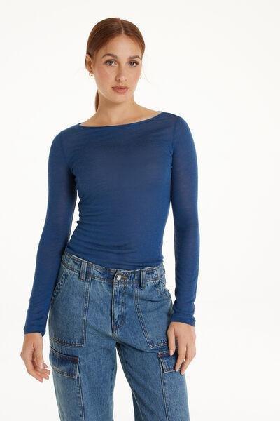 Blue Viscose and Merino Wool Boat Neck Top, 5701_890V, large image number 0