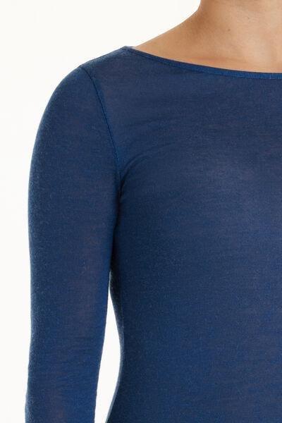 Blue Viscose and Merino Wool Boat Neck Top, 5701_890V, large image number 3