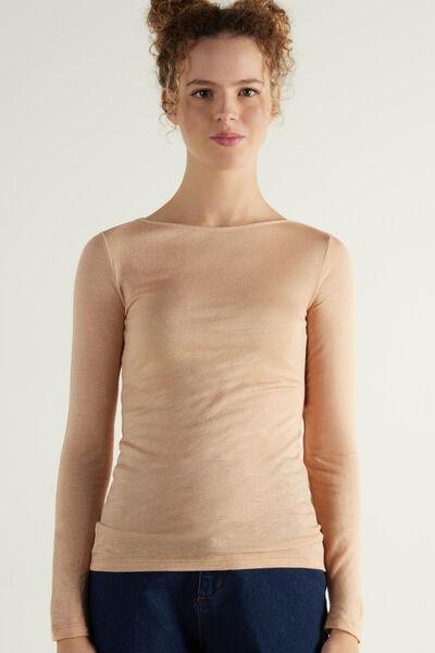 Blue Viscose and Merino Wool Boat Neck Top, 5701_925U, large image number 1