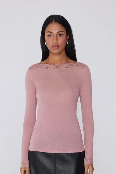 Pink Long Sleeve Boat Neck Wool Top, 5701_946Y, large image number 0